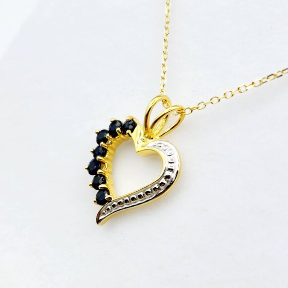 Sterling Silver Gold plated Heart Shaped with 7 Genuine Blue Sapphire Pendant - Picture 4 of 7